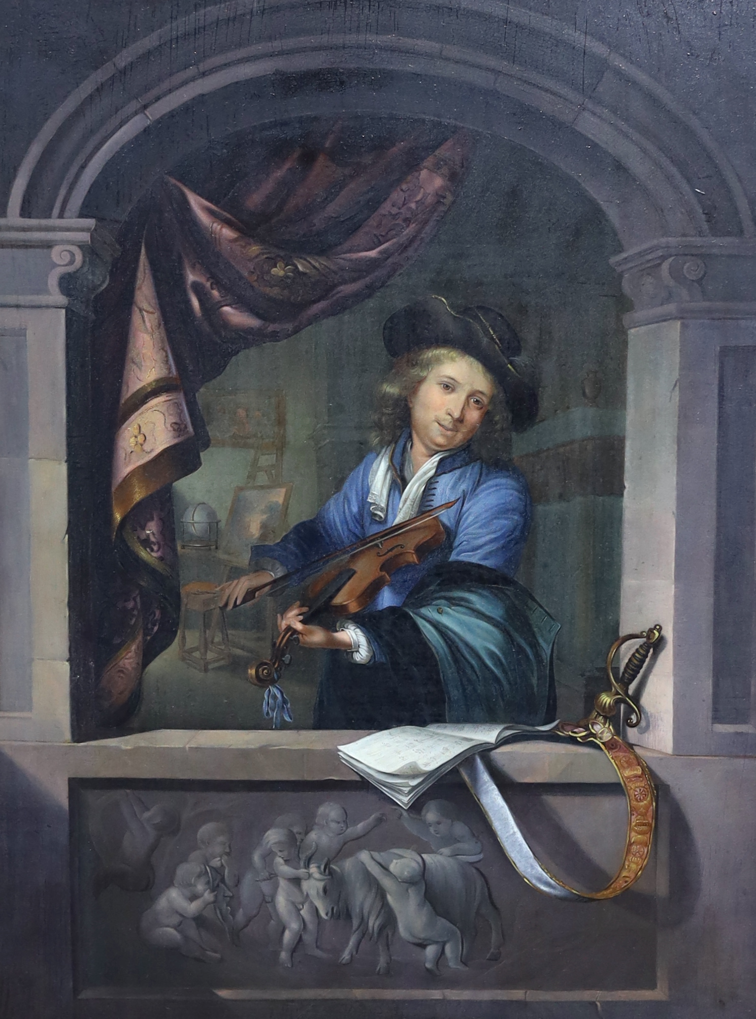 After Gerrit Dou (Dutch, 1613-1675), 'The Violinist at the Window', oil on wooden panel, 60 x 46cm